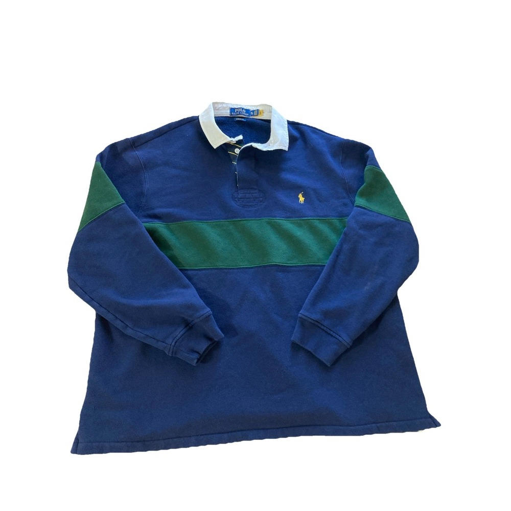 Polo Ralph Lauren Fleece Rugby Sweatshirt Sz XL‎ Blue Green Striped Polo Preppy